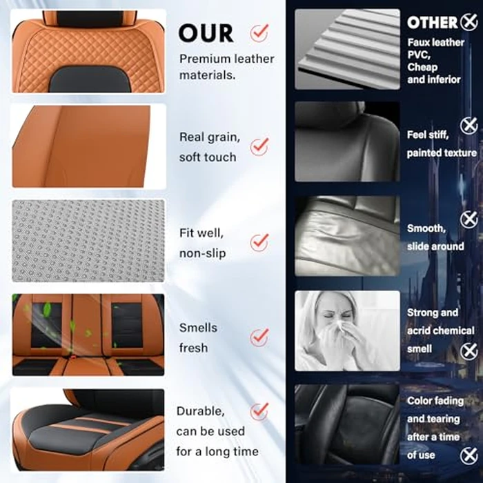 Coverado Car Seat Covers Full Set, 5 Piece Car Seat Protector with Removable Headrest, Nappa Leather Breathable Front Rear Seat Cushion Side All Wrapped Universal Fit Truck Automotive Most Cars Brown by Coverado - Image 6