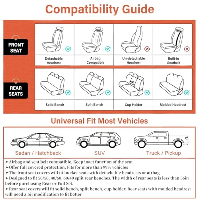 Coverado Car Seat Covers Full Set, 5 Piece Car Seat Protector with Removable Headrest, Nappa Leather Breathable Front Rear Seat Cushion Side All Wrapped Universal Fit Truck Automotive Most Cars Brown by Coverado - Image 9