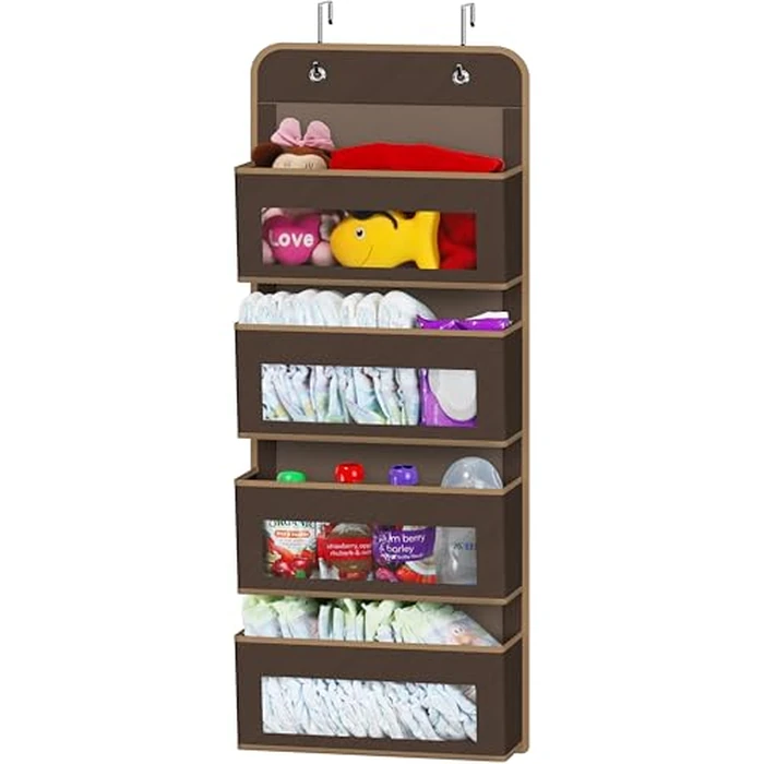 Simple Houseware Over The Door Hanging Organizer Storage for Baby, Nursery, Bathroom, Bedroom, and Dorm, 4 Clear Window Pockets, Brown by Simple Houseware - Used - Like New condition - CA$15.25