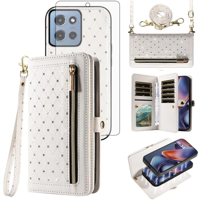 Phone Case for Motorola Moto G 5G 2025 Zipper Wallet Detachable Magnetic Cell Cover with Crossbody Lanyard Strap Bling Glitter Flip Credit Card Holder Slots G5G 5 G G5 Women Men Girls White by Asuwish - Used - Very Good condition