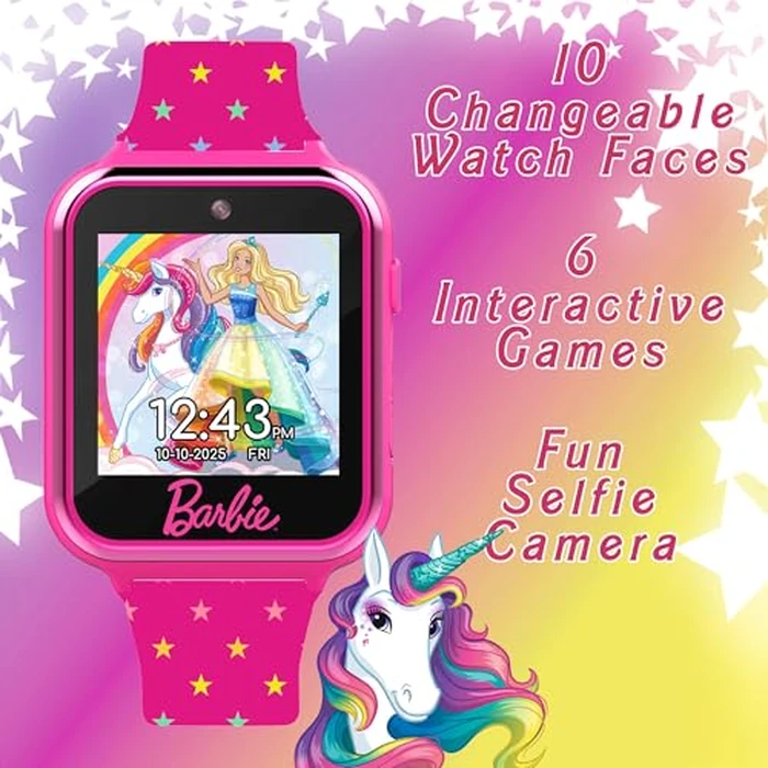 Barbie Kids Smart Watch - Interactive Touchscreen with Games, Selfie Camera, Step Tracker, Alarm, and Stylish Printed Silicone Strap - Fits Wrists 5.5" to 8.5" by Accutime - Used - Good condition