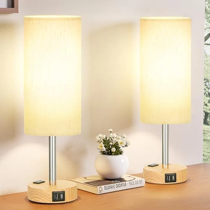 Fenmzee Small Touch Table Lamps Set of 2-3-Way Dimmable, USB A + C Charging, AC Outlet, Wood Grain Base, Bulbs Included by Fenmzee - Used - Very Good condition - US$27.99