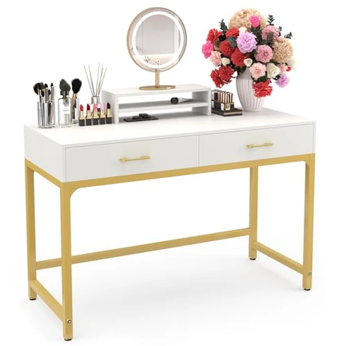 WESTREE Women Makeup Vanity Desk with 2 Drawers - Bedroom Home Office Desk, Wooden Height Monitor Stand & Storage Shelf Without Mirror, White Table Great Gift for Her by WESTREE - Used - Very Good condition - CA$112.86