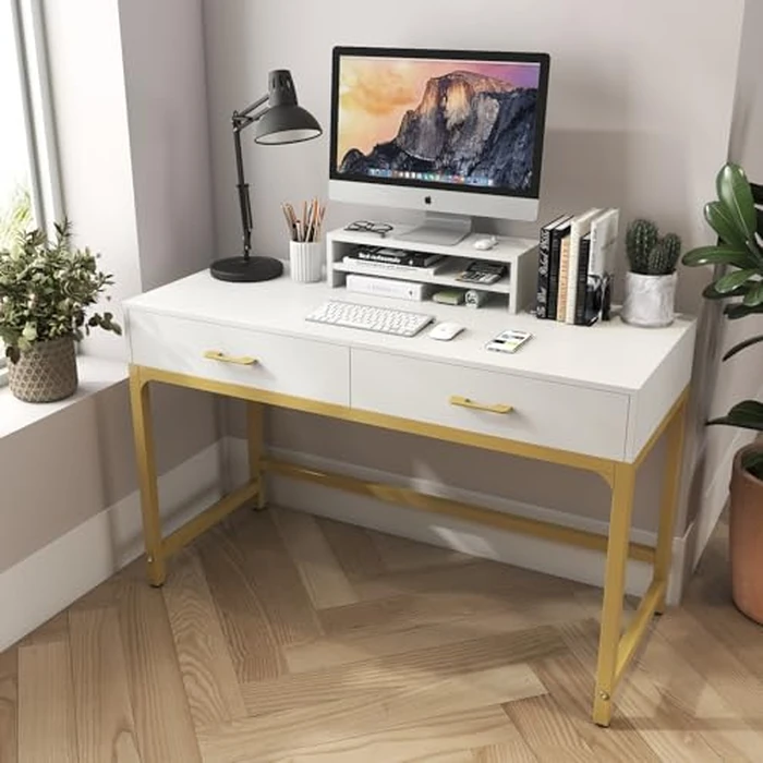 WESTREE Women Makeup Vanity Desk with 2 Drawers - Bedroom Home Office Desk, Wooden Height Monitor Stand & Storage Shelf Without Mirror, White Table Great Gift for Her by WESTREE - Image 2