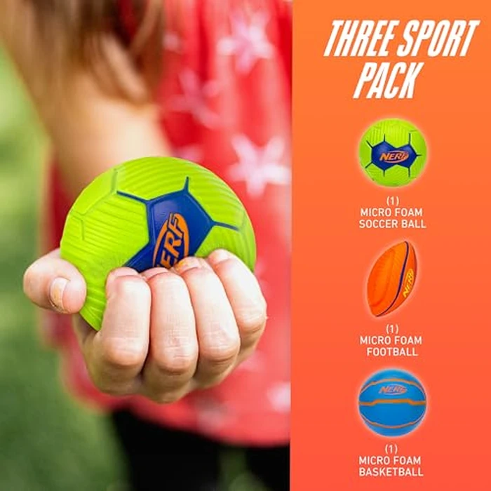 Nerf Mini Stress Foam Sport Ball Set - Kids Mini Sports Set - Includes Foam Micro Football, Soccer Ball + Basketball Soft Stress Relief Toy for Kids - Multicolor by Nerf - Image 3