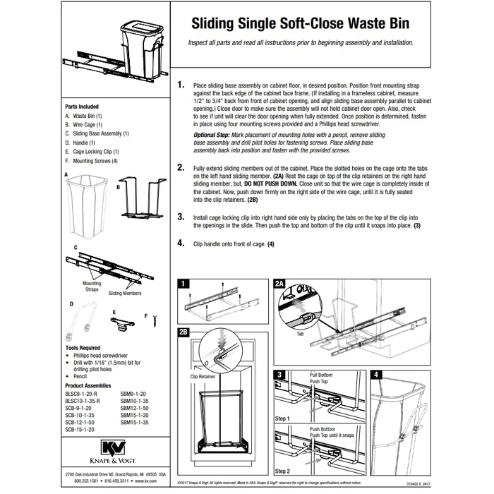 8.375 in. x 20.125 in. x 17.313 in. 20 Qt. in-Cabinet Single Soft-Close Bottom-Mount Pull-Out Trash Can - Platinum by Knape & Vogt - Image 4