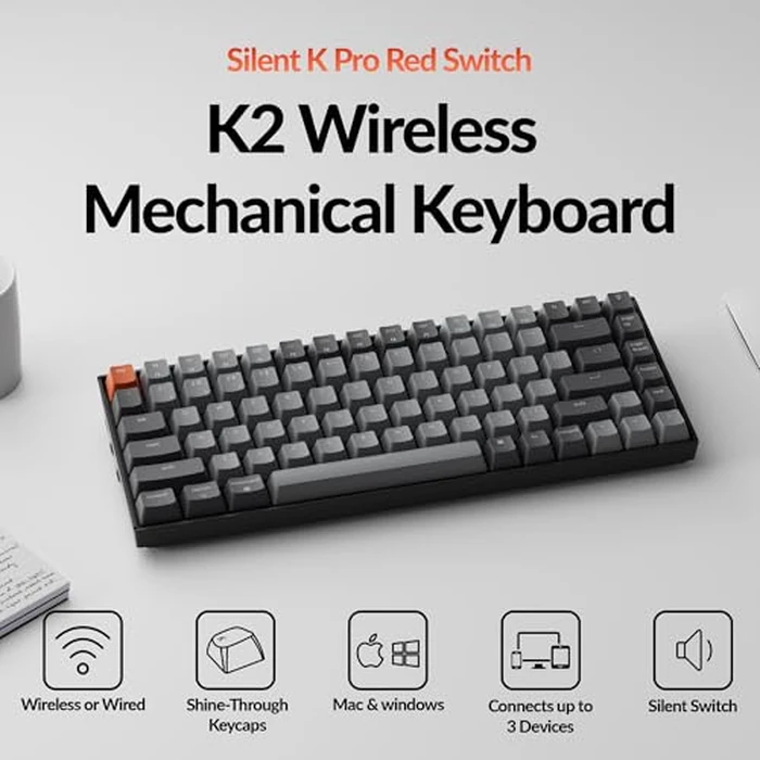 Keychron K2 75% Layout Bluetooth Wireless Mechanical Gaming Keyboard Silent K Pro Red Switch/White LED Backlit/USB C/Anti Ghosting/N-Key Rollover, 84 Keys, for Mac Windows by Keychron - Image 2