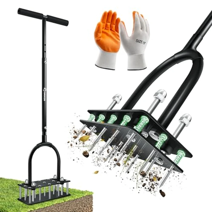 Saker Manual Lawn Aerator Tool with 15 Iron Spikes Adjustable Height, Double-Layer Spring, Heavy-Duty Iron Lawn Aerator Tool with Gloves for Loosening Soil Aerating Patio, Yard, Garden Black by Saker - Used - Very Good condition