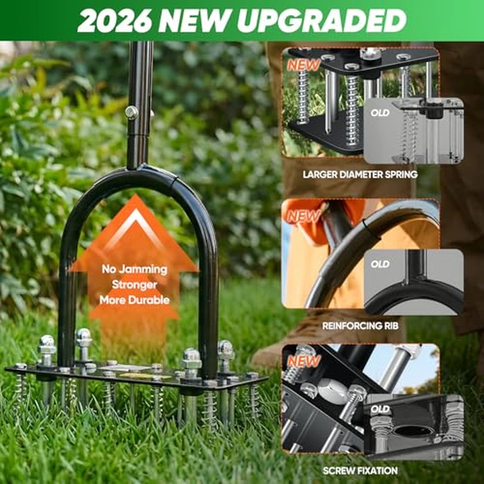 Saker Manual Lawn Aerator Tool with 15 Iron Spikes Adjustable Height, Double-Layer Spring, Heavy-Duty Iron Lawn Aerator Tool with Gloves for Loosening Soil Aerating Patio, Yard, Garden Black by Saker - Image 2