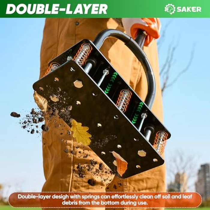 Saker Manual Lawn Aerator Tool with 15 Iron Spikes Adjustable Height, Double-Layer Spring, Heavy-Duty Iron Lawn Aerator Tool with Gloves for Loosening Soil Aerating Patio, Yard, Garden Black by Saker - Image 3