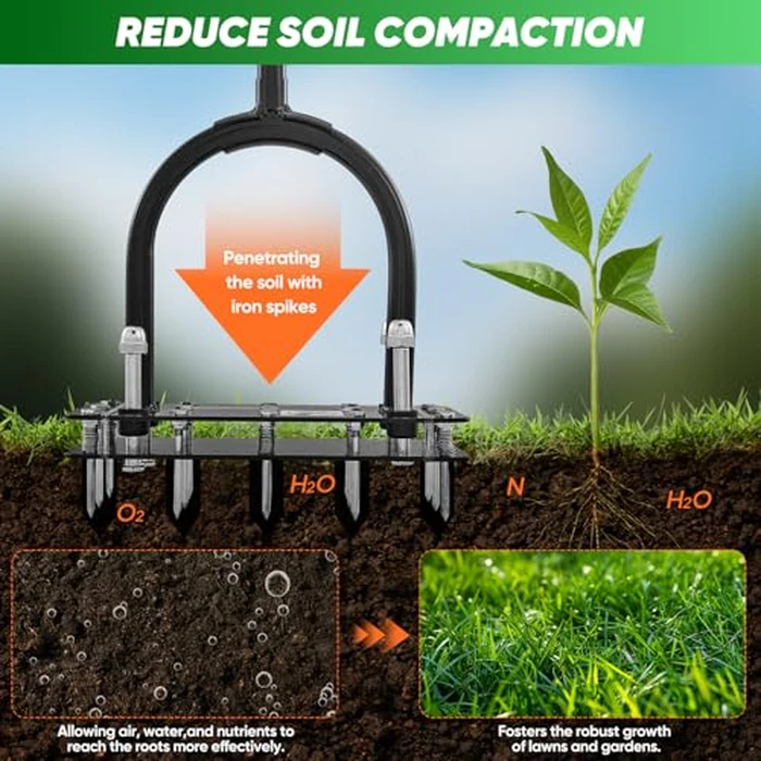 Saker Manual Lawn Aerator Tool with 15 Iron Spikes Adjustable Height, Double-Layer Spring, Heavy-Duty Iron Lawn Aerator Tool with Gloves for Loosening Soil Aerating Patio, Yard, Garden Black by Saker - Image 4