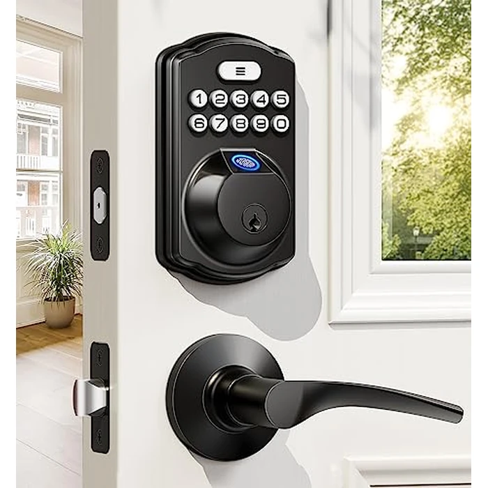 Veise Fingerprint Door Lock with 2 Lever Handles - Keyless Entry Door Lock, Electronic Keypad Deadbolt, Digital Smart Code & Front Handle Sets, Auto-Locking, Easy Installation, Matte Black by Veise - Used - Like New condition - US$60.24