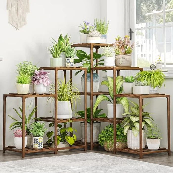 Bamworld Plant Stand Indoor Outdoor Corner Shelf 11 Potted Large Holder for Multiple Plants Wooden Tall Stands Combo Table Rack Garden Patio Lawn Window by Bamworld - Used - Like New condition - US$25.76