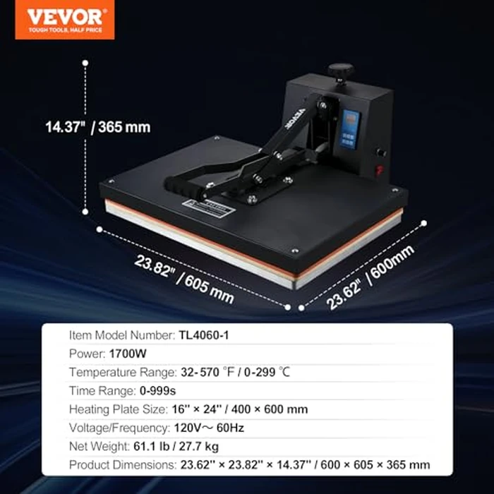 VEVOR Heat Press 16x24, 1700W Power Heat Press Machine, Fast Heating, High Pressure Heat Press Machine for T-Shirt, Digital Industrial Sublimation Printer for Heat Transfer Vinyl, Easy to Use, Black by VEVOR - Image 7