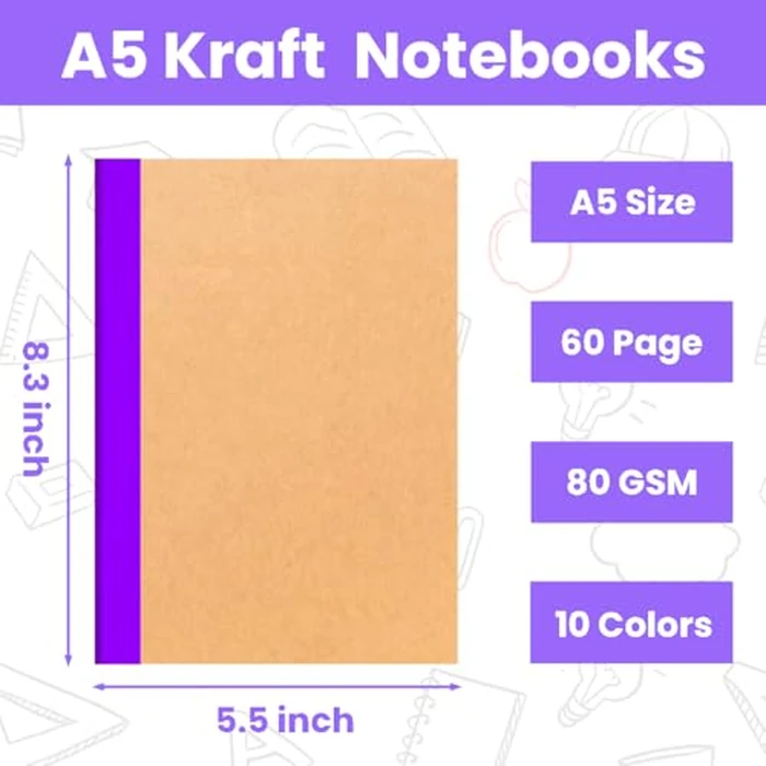 100 Pack A5 Notebooks Bulk, 8.3 x 5.5 inch Ruled Lined Kraft Composition Notebooks Bulk 10 Color Soft Cover Travel Journals for Students Classroom Office (Colourful,60 Pages 30 Sheets) (100, 10 Color) by GEHUIZER - Image 3