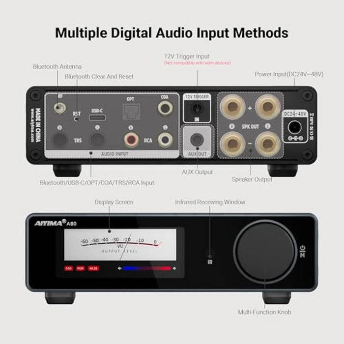 AIYIMA A80 Bluetooth Stereo Amplifier DAC HiFi Home Audio Component TPA3255 with PFFB,2 Channel Hi-Res Class D Power Amp | PC-USB COA Opt Inputs,Digital VU Meter | Pre-Out | TRS Balanced Input |Tone by AIYIMA - Image 3