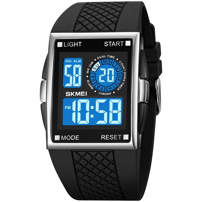 FANMIS Men's Rectangle Dial Sports Wrist Watches Blue LED Backlight Multifunctional Alarm Stopwatch 12/24H Rubber Strap Watch (P Silver) by FANMIS - Image 1