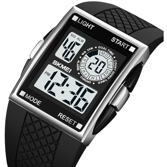 FANMIS Men's Rectangle Dial Sports Wrist Watches Blue LED Backlight Multifunctional Alarm Stopwatch 12/24H Rubber Strap Watch (P Silver) by FANMIS - Image 2