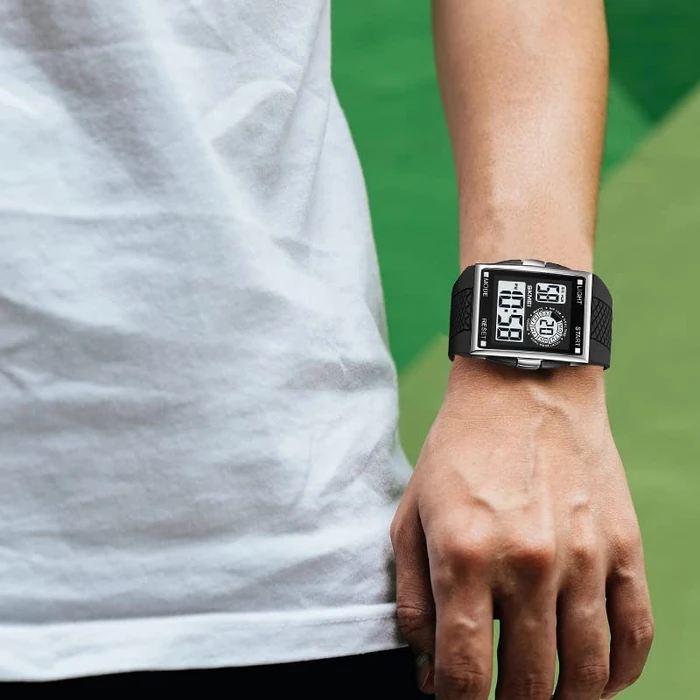 FANMIS Men's Rectangle Dial Sports Wrist Watches Blue LED Backlight Multifunctional Alarm Stopwatch 12/24H Rubber Strap Watch (P Silver) by FANMIS - Image 4