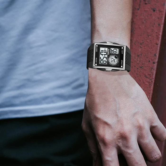 FANMIS Men's Rectangle Dial Sports Wrist Watches Blue LED Backlight Multifunctional Alarm Stopwatch 12/24H Rubber Strap Watch (P Silver) by FANMIS - Image 5