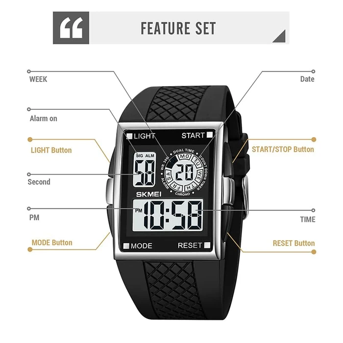 FANMIS Men's Rectangle Dial Sports Wrist Watches Blue LED Backlight Multifunctional Alarm Stopwatch 12/24H Rubber Strap Watch (P Silver) by FANMIS - Image 6