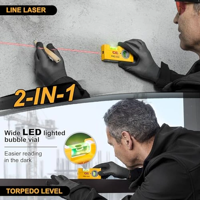 PREXISO 2-in-1 Line Laser Level - Mini Torpedo Level with Light, 3-3/4 inch Rotatable Magnetic Pocket Level & 30Ft Laser Line Leveler Tool for Hanging Picture, Wall Marking Painting, Home Renovation by Prexiso - Image 2