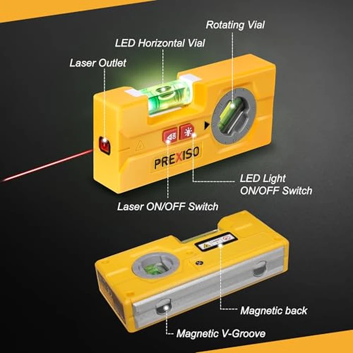 PREXISO 2-in-1 Line Laser Level - Mini Torpedo Level with Light, 3-3/4 inch Rotatable Magnetic Pocket Level & 30Ft Laser Line Leveler Tool for Hanging Picture, Wall Marking Painting, Home Renovation by Prexiso - Image 7