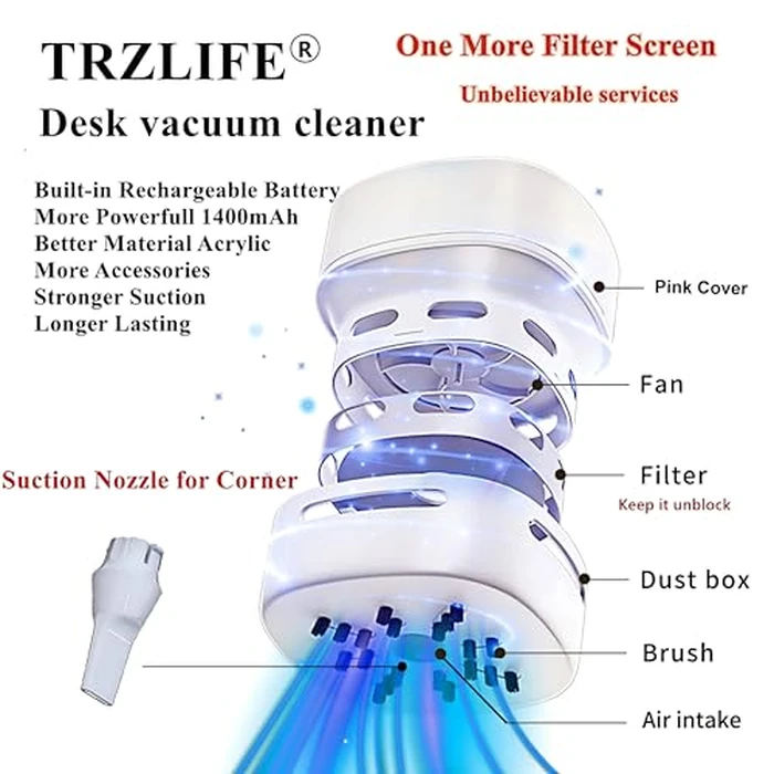 TRZLIFE USB Rechargeable Mini Desk Vacuum, Cordless Portable Keyboard Desktop Countertop Cleaner, Ideal Office Accessory Ideal Gift, Pink by TRZLIFE - Used - Like New condition