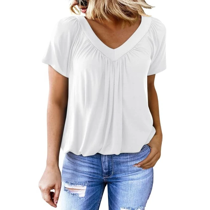Dokotoo Womens Casual Summer Basic Short Sleeve T Shirts V Neck Solid Color Loose Fit Casual Henley Blouse Tshirt for Women Tee Tunic Tops White S by Dokotoo - Used - Like New condition