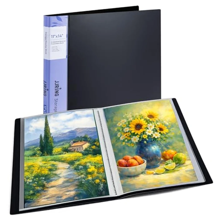 JJRING 11x14 Art Portfolio Folder with Plastic Sleeves, 24-Pocket Portfolio Binder Displaying 48 Pages, Presentation Book with Black Inner Paper for Artwork Storage, Black by JJRING - Used - Very Good condition