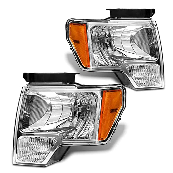 ADCARLIGHTS 2009 2010 2011 2012 2013 2014 Ford F150 Pickup Headlight Assembly for 09-14 Ford F150 Clear Lens Chrome Housing with Amber Reflector Headlamp Replacement Left and Right Pair（W/O Bulbs） by ADCARLIGHTS - Used - Very Good condition