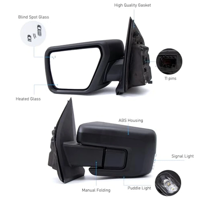 For Ford F150 2021-2024 Door Mirror with Textured Black Cover Manual Folding with Turn Signal Light Puddle Light Power Adjustment with Heated and Blind Spot Glass 11 Pins Left Driver Side (W/O Camera) by HIGHTO - Image 3