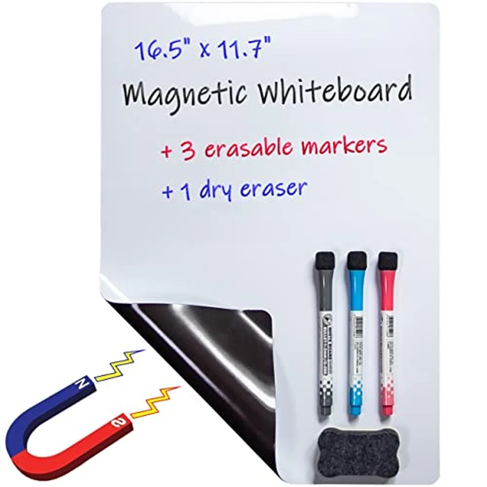 16.5"x11.7"Fridge Magnetic Whiteboard, Self-adhesive Rewritable To-Do List Sheet, Easy to Clean Dry Erasable Memo Board for Shopping List & Message Center, Office Notice Board With Marker & Eraser Set by MILEKE - Used - Acceptable condition