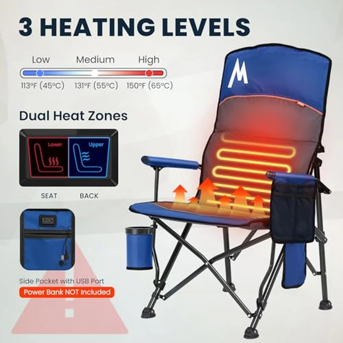 Overmont Heated Camping Chair with Adjustable High Backrest - 3 Heat Levels Seat & Backrest Separately Control - Heavy Duty Portable Heated Chair for Adults Supports 450 LBS - Battery NOT Included by OVERMONT - Image 2