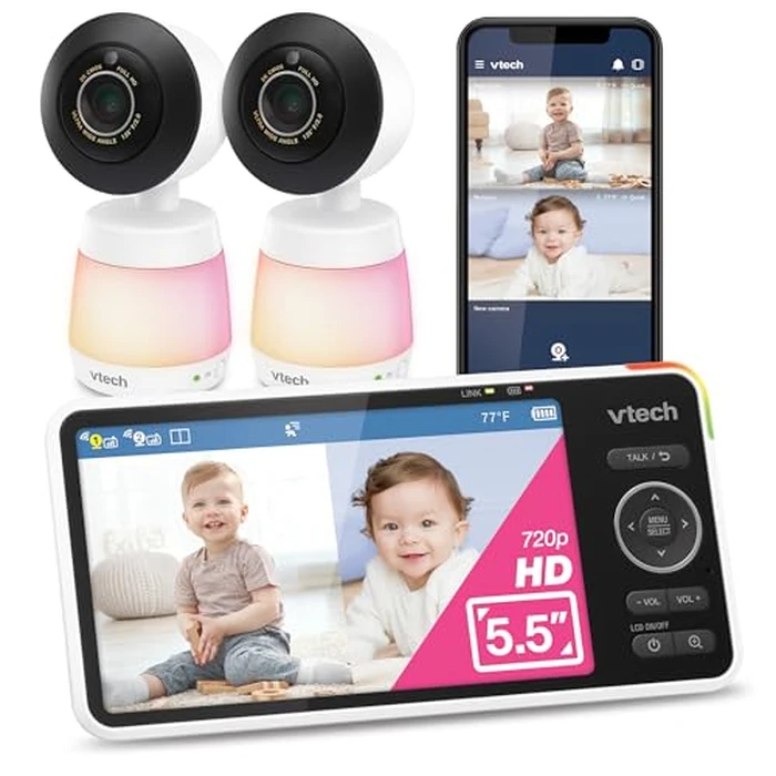 VTech Smart HD Plus Twin 2-Camera Smart WiFi Baby Monitor - 2K Cameras, 5.5" HD Split-Screen, 24X Zoom, Free App, Multi-Color Night Light by VTech - Used - Acceptable condition - US$147.69
