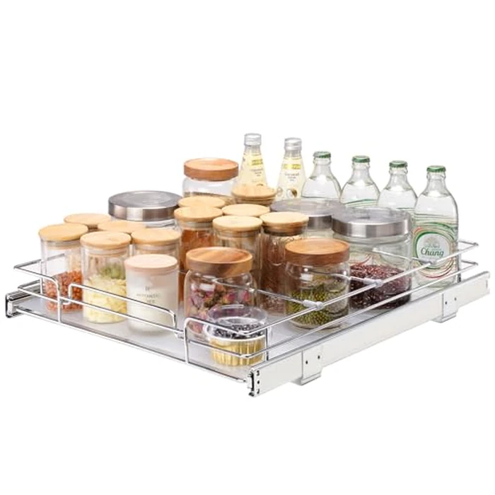 VEVOR 18.5"Wx21"Dx3.5"H Pull Out Cabinet Organizer, Heavy Duty Slide Out Pantry Shelves, Chrome-Plated Steel Roll Out Drawer, Drawer Storage for Home Under Sink, 20"Wx22"Dx7"H Install Size for Cabinet by VEVOR - Used - Very Good condition - US$20.00