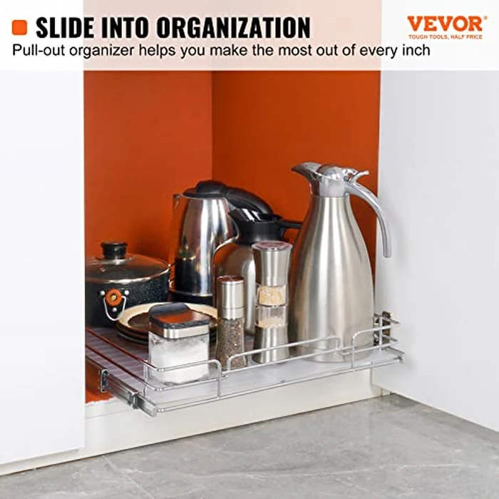 VEVOR 18.5"Wx21"Dx3.5"H Pull Out Cabinet Organizer, Heavy Duty Slide Out Pantry Shelves, Chrome-Plated Steel Roll Out Drawer, Drawer Storage for Home Under Sink, 20"Wx22"Dx7"H Install Size for Cabinet by VEVOR - Image 2
