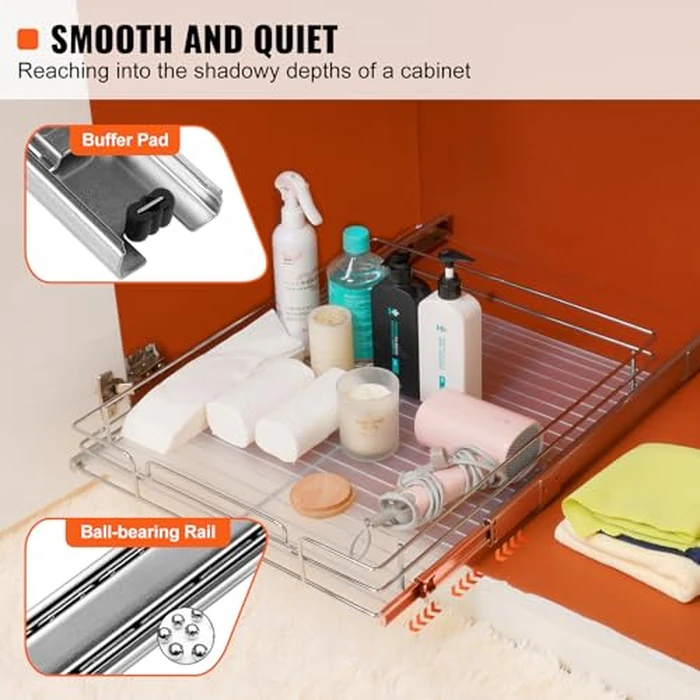 VEVOR 18.5"Wx21"Dx3.5"H Pull Out Cabinet Organizer, Heavy Duty Slide Out Pantry Shelves, Chrome-Plated Steel Roll Out Drawer, Drawer Storage for Home Under Sink, 20"Wx22"Dx7"H Install Size for Cabinet by VEVOR - Image 3