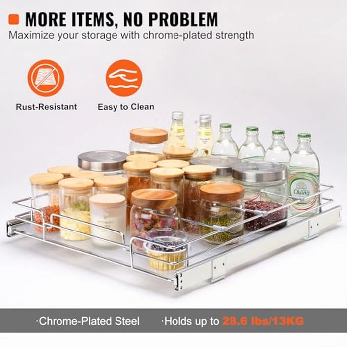 VEVOR 18.5"Wx21"Dx3.5"H Pull Out Cabinet Organizer, Heavy Duty Slide Out Pantry Shelves, Chrome-Plated Steel Roll Out Drawer, Drawer Storage for Home Under Sink, 20"Wx22"Dx7"H Install Size for Cabinet by VEVOR - Image 4