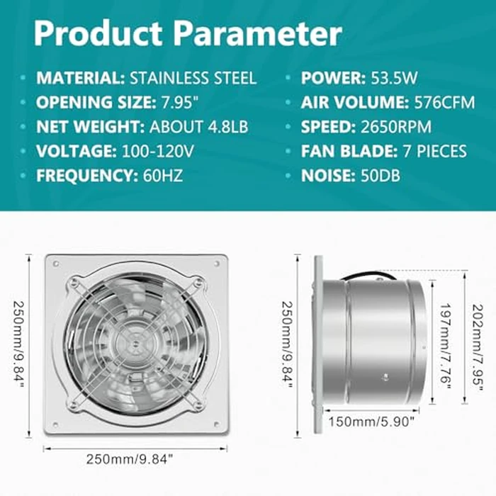 HG Power 8 Inch Kitchen Exhaust Fan, 576CFM Metal Attic Exhaust Fan, Wall Mounted Garage Ventilation Fan, Basement Extractor Fans with Backdraft Damper for Home Office Commercial Use, Silver by HG Power - Image 2