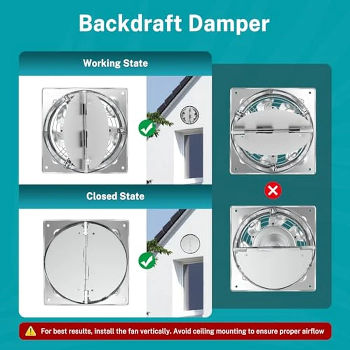 HG Power 8 Inch Kitchen Exhaust Fan, 576CFM Metal Attic Exhaust Fan, Wall Mounted Garage Ventilation Fan, Basement Extractor Fans with Backdraft Damper for Home Office Commercial Use, Silver by HG Power - Image 5