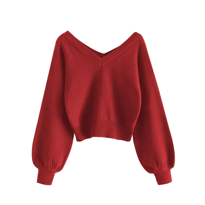 ZAFUL Women's Cropped Sweater V-Neck Long Sleeve Crop Sweater Pullover Jumper Knit Top (1-Christmas Red, S) by ZAFUL - Used - Very Good condition