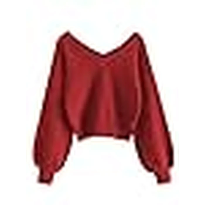 ZAFUL Women's Cropped Sweater V-Neck Long Sleeve Crop Sweater Pullover Jumper Knit Top (1-Christmas Red, S) by ZAFUL - Image 3