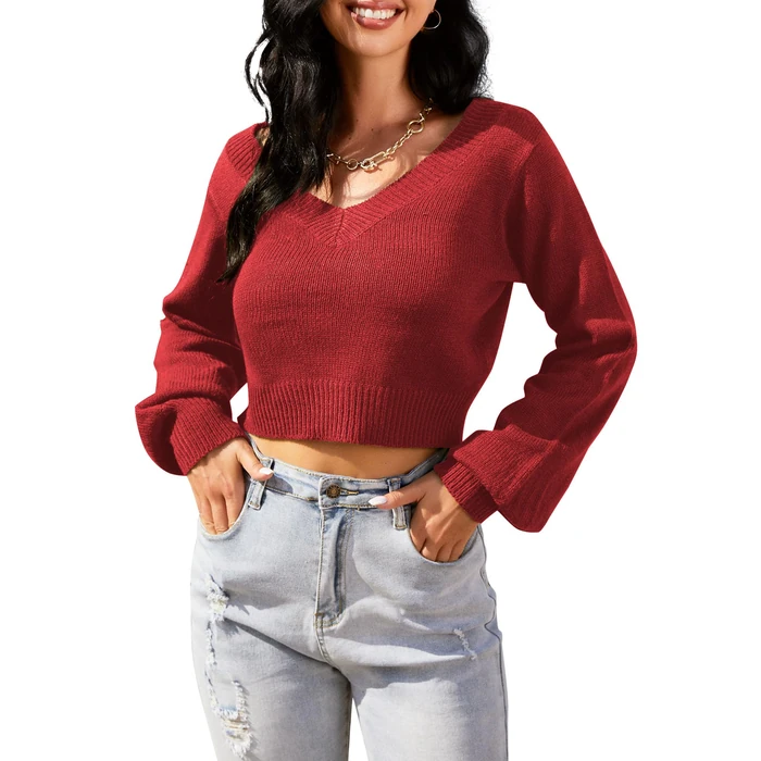 ZAFUL Women's Cropped Sweater V-Neck Long Sleeve Crop Sweater Pullover Jumper Knit Top (1-Christmas Red, S) by ZAFUL - Image 4