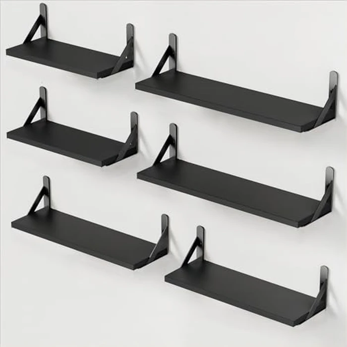 AMADA HOMEFURNISHING Wall Shelves Set of 6, Wood Floating Shelves for Wall Decor, Rustic Farmhouse Floating Shelf for Bedroom, Wall Shelf for Bathroom Storage, Book Shelves for Living Room, Black by AMADA HOMEFURNISHING - Used - Like New condition - CA$27.27
