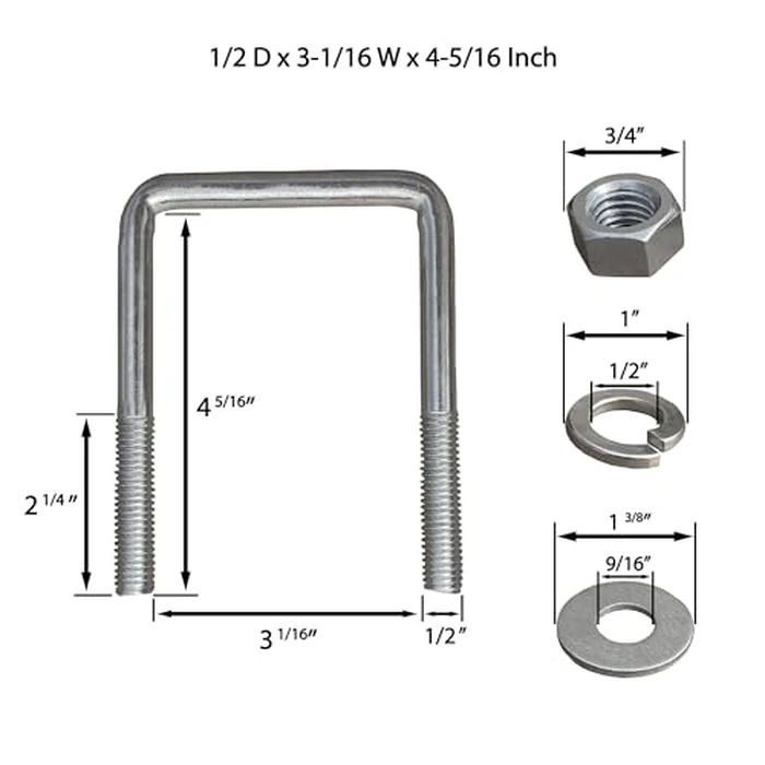 A.A Square U Bolt with Hardware for Boat Trailer, Galvanized Steel, 1/2" Diameter x 3-1/16" x 4-5/16" for 3x3 Beam (4 Pack) by A.A - Image 3