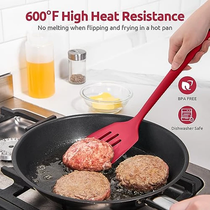 U-Taste 13.6in Slotted Turner: 600ºF Heat Resistant BPA-Free Silicone Cooking Spatula Flipper, Wide Flexible Seamless Rubber Kitchen Utensil for Pancake, Egg, Meat in Nonstick Cookware (Red) by U-Taste - Image 3