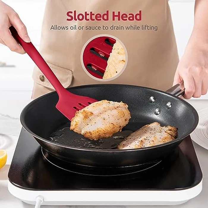 U-Taste 13.6in Slotted Turner: 600ºF Heat Resistant BPA-Free Silicone Cooking Spatula Flipper, Wide Flexible Seamless Rubber Kitchen Utensil for Pancake, Egg, Meat in Nonstick Cookware (Red) by U-Taste - Image 4
