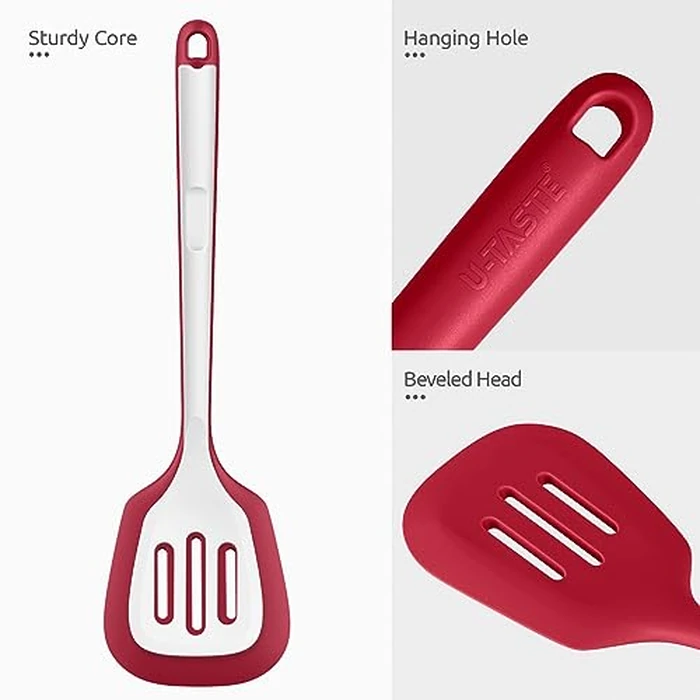 U-Taste 13.6in Slotted Turner: 600ºF Heat Resistant BPA-Free Silicone Cooking Spatula Flipper, Wide Flexible Seamless Rubber Kitchen Utensil for Pancake, Egg, Meat in Nonstick Cookware (Red) by U-Taste - Image 6
