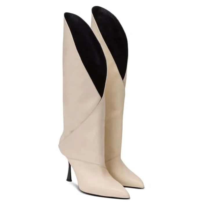 NSZPD Women's Leather Knee High Boots V-Cut Pointed Toe Stiletto High Heel Riding Boots Stylish Motorcycle Biker Booties with Twist Detail For Party Wedding Shows by NSZPD - Used - Like New condition - US$56.77